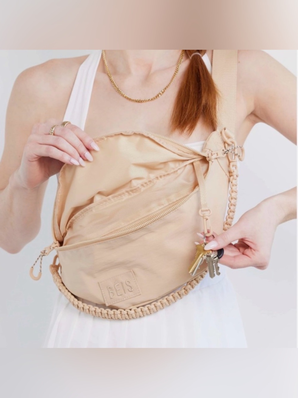 BEIS Beige “The Sport Pack” Fanny Pack & Bag with Braided Cord Strap & Adj. Belt